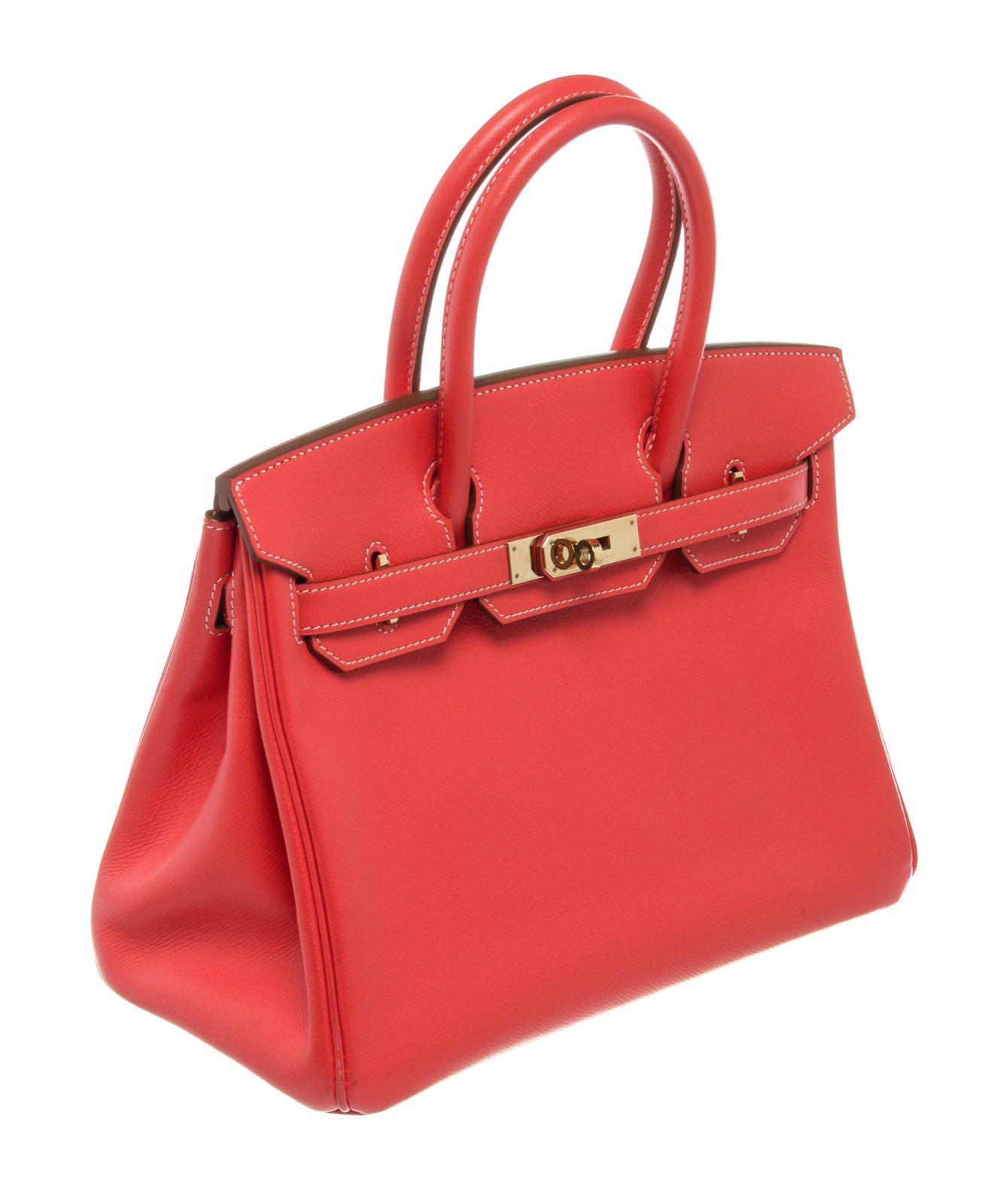 Hermes Red Leather Birkin 30cm Satchel Bag with leather, gold-tone hardware, trim leather, interior slip pocket, lining leather, dual top handle and turn lock closure.

52817MSC