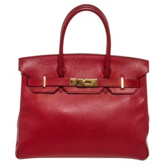 Hermes Red Leather Birkin 30cm Satchel Bag