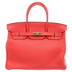 Hermes Red Leather Birkin 35cm Satchel Bag