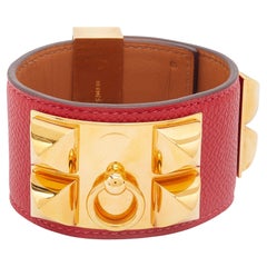 Hermès Red Leather Collier de Chien Cuff Bracelet S