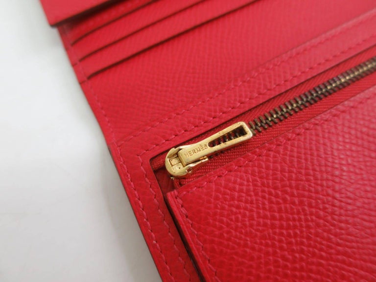 Hermes Red Leather Epsom Leather Gold 'H' Bearn Wallet in Box For Sale