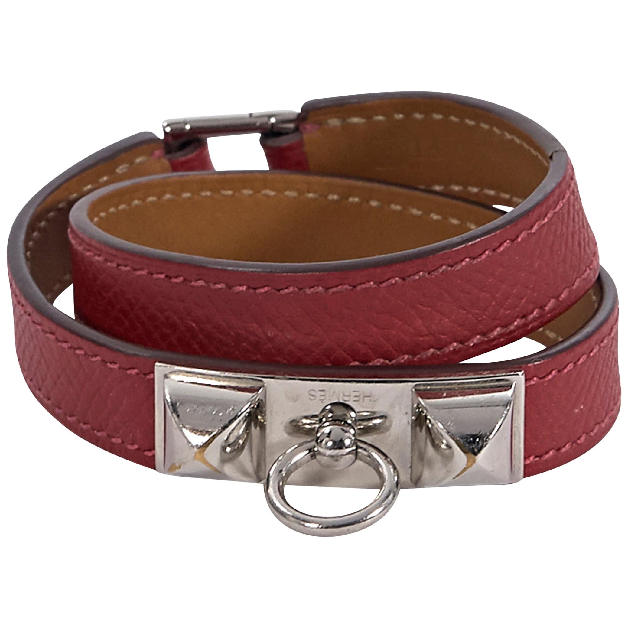Hermes Red Leather Epsome Rivale Wrap Bracelet