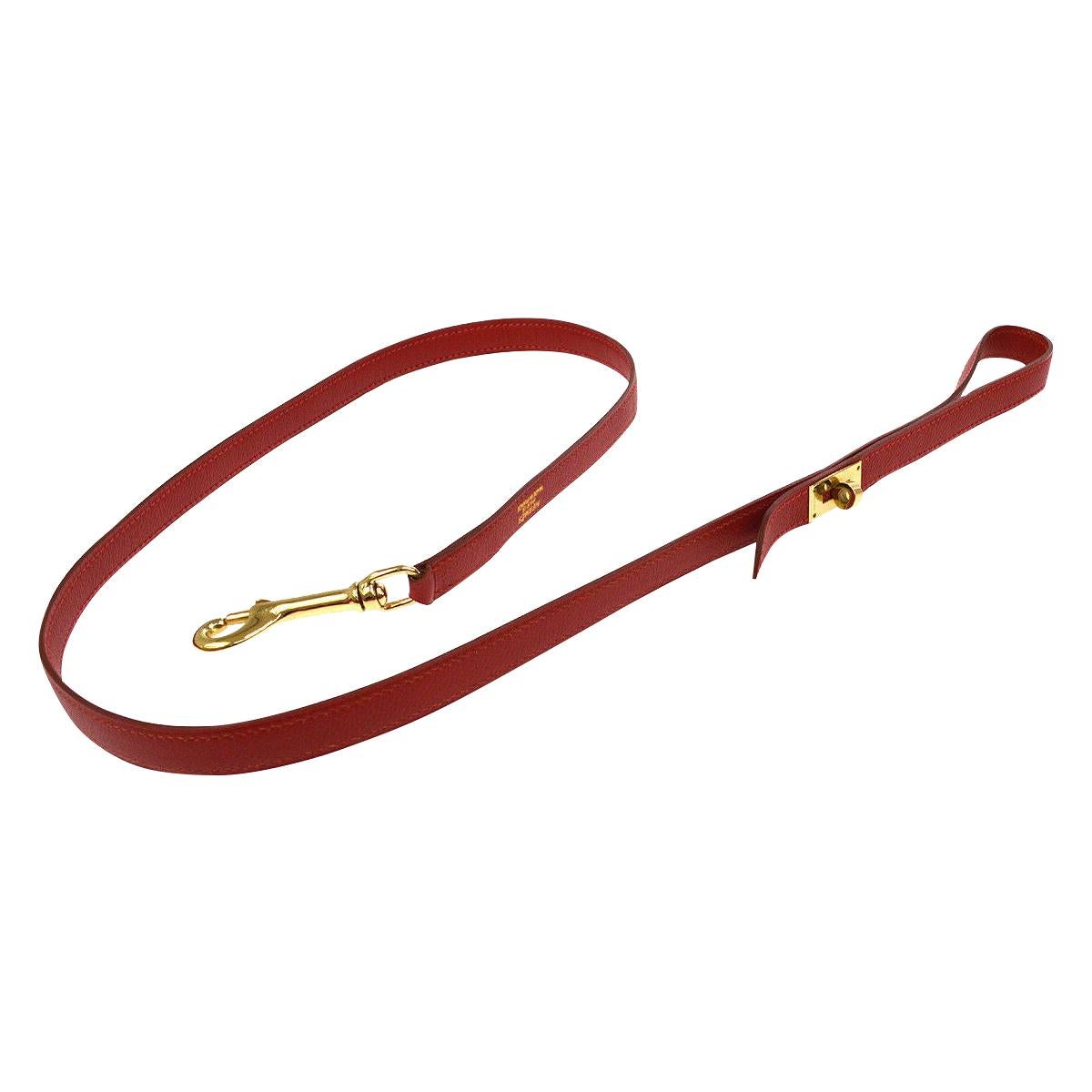Hermes Red Leather Gold Buckle Animal Pet Dog Leash 