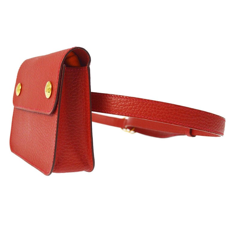Hermes Red Leather Gold Fold Over Fanny Pack Flap Bum Waist Belt Bag in