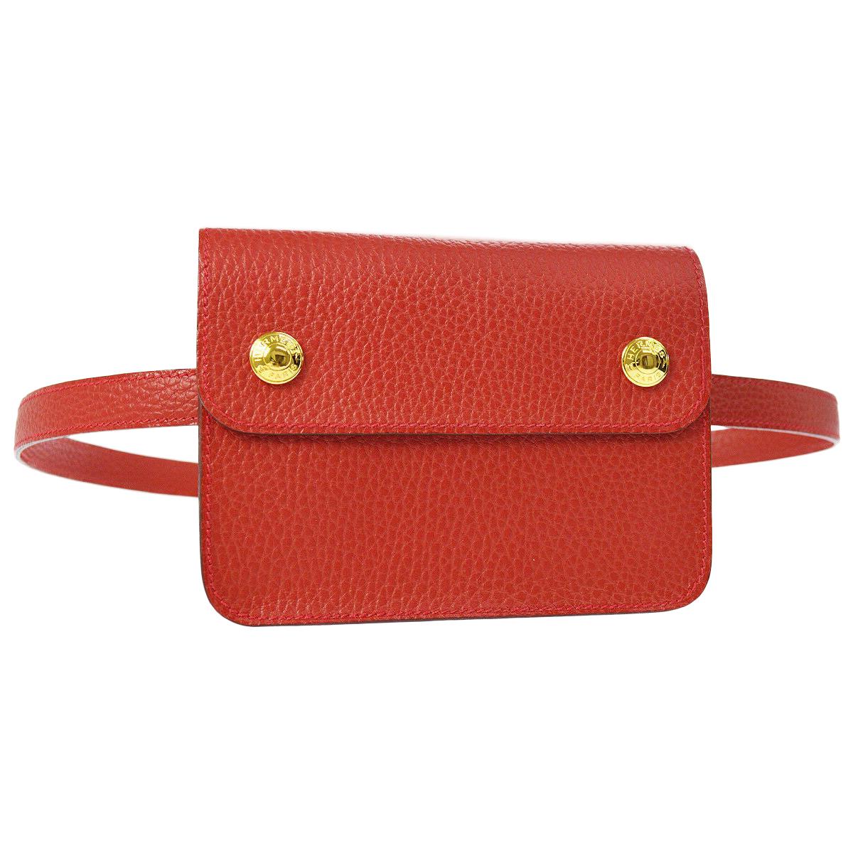 Hermes Red Leather Gold Fold Over Fanny Pack Flap Bum Waist Belt Bag in Box