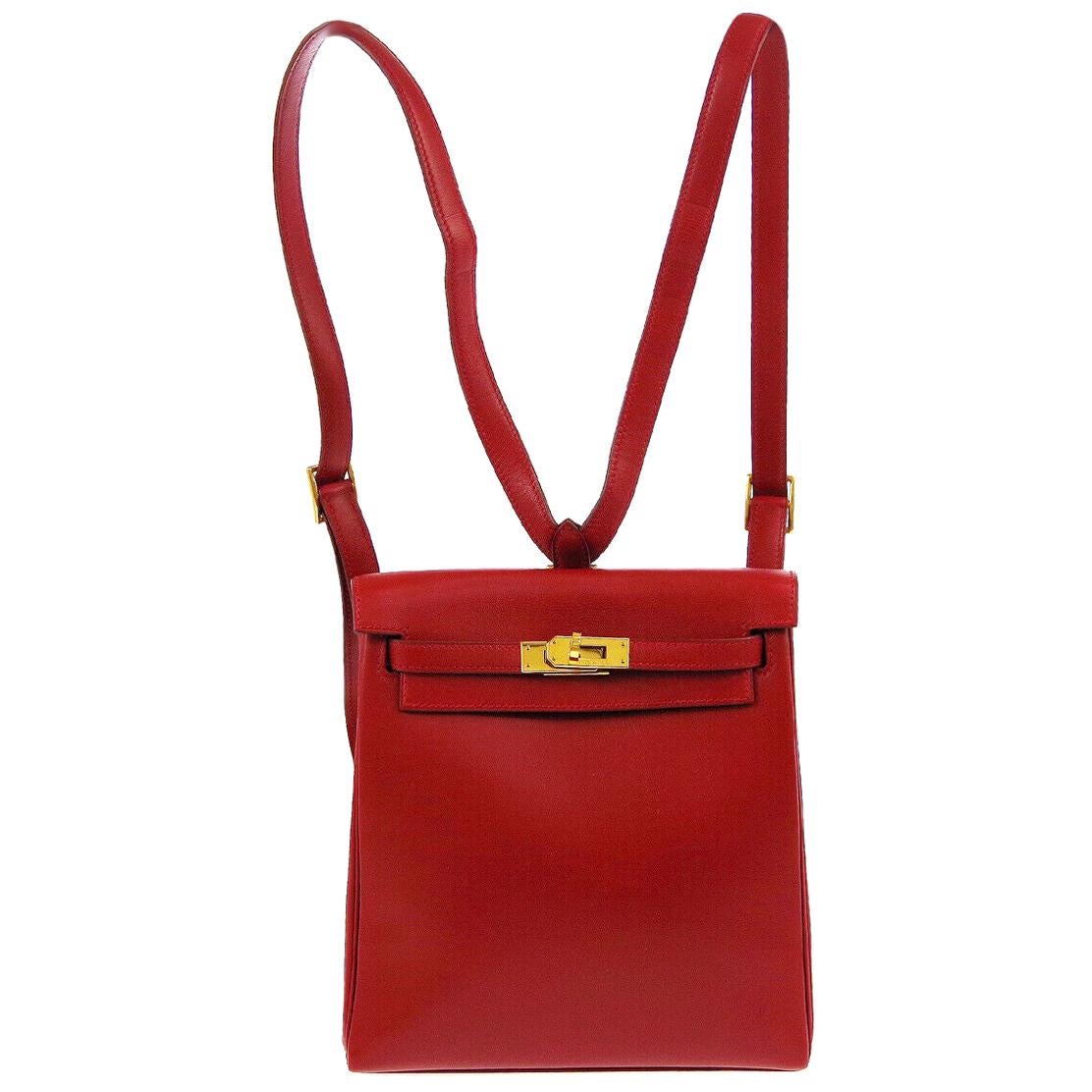 Hermes Red Leather Gold Men's Women's Travel Backpack Shoulder Bag