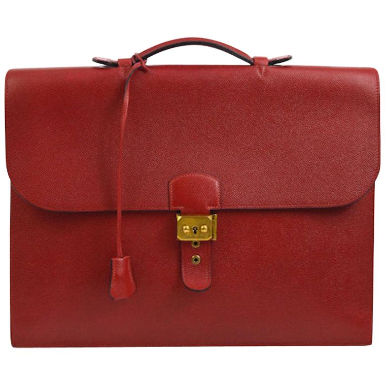 Hermes Red Leather Gold Top Handle Satchel Business Travel Briefcase Bag