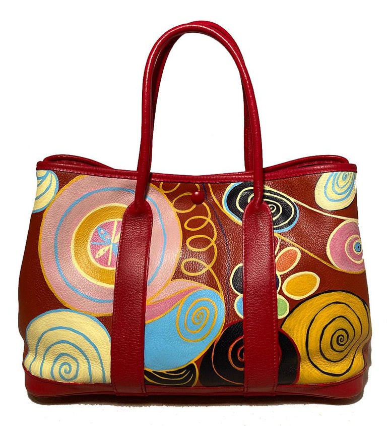 Hermes Red Leather Hand Painted Garden Party 30 For Sale at 1stDibs