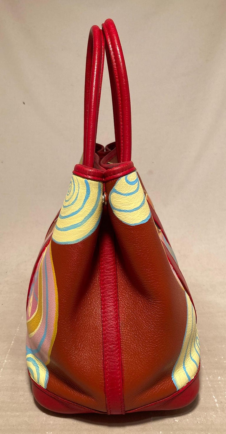 Hermes Red Leather Hand Painted Garden Party 30 For Sale at 1stDibs