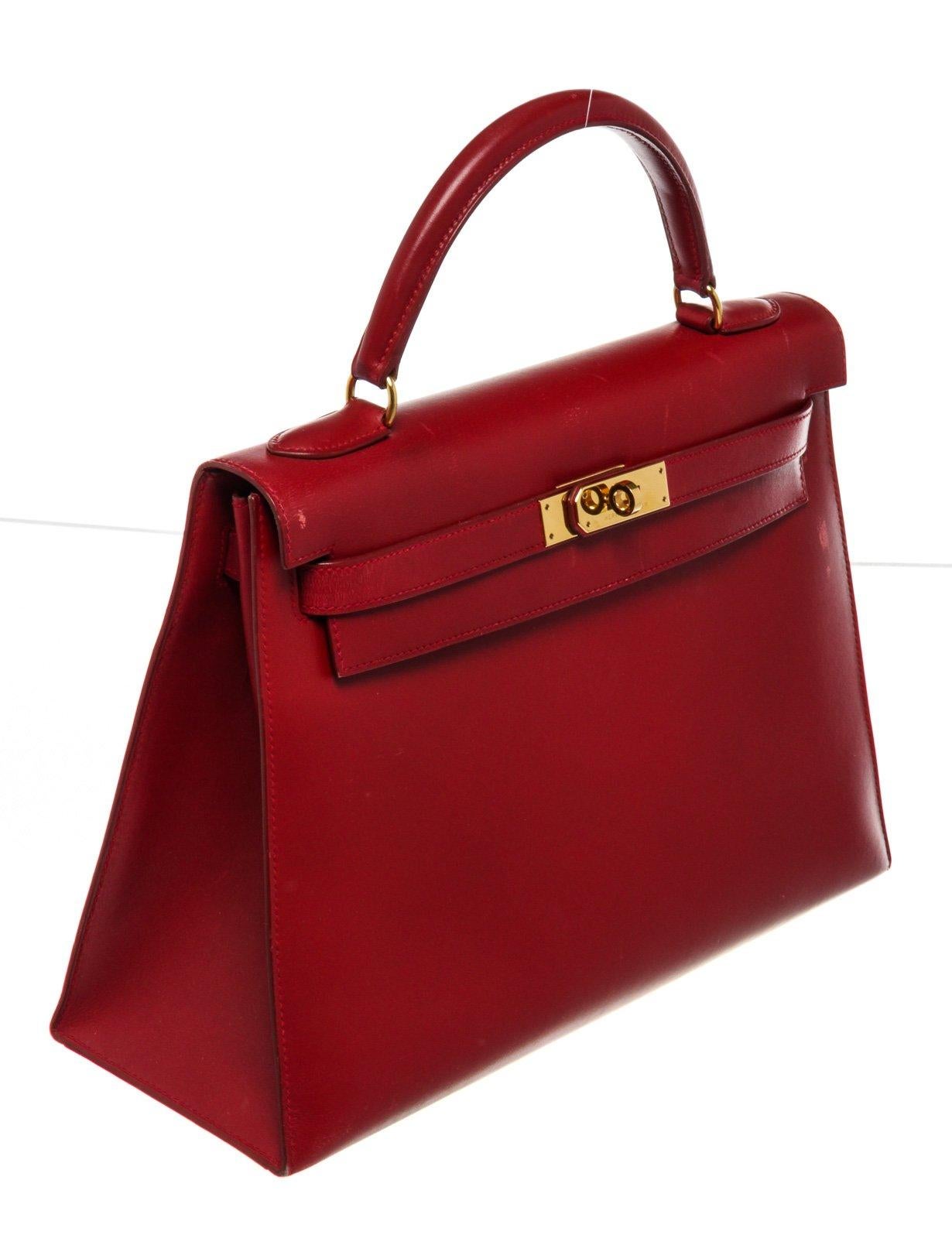 Hermes Red Leather Kelly 32cm Handbag For Sale 2
