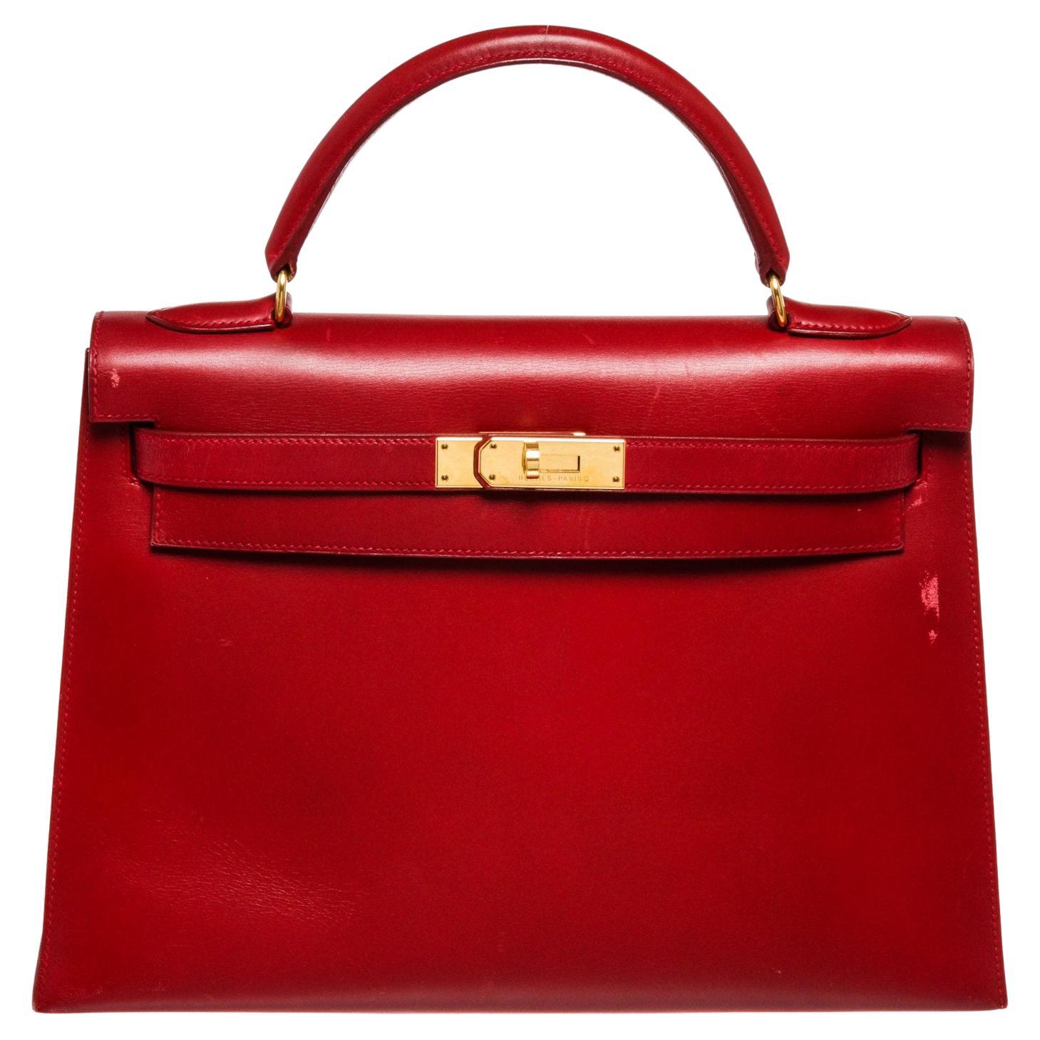 Hermes Red Leather Kelly 32cm Handbag For Sale