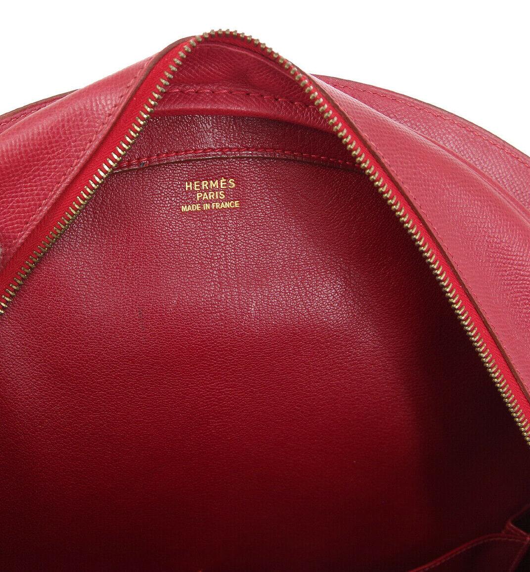 Hermes Red Leather Large Men's Women's Travel Carryall Top Handle Bowling Tote 4