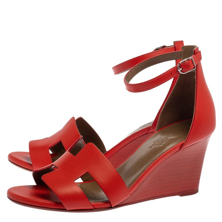 Hermes Red Leather Legend Ankle Strap Wedge Sandals Size 37 at 1stDibs