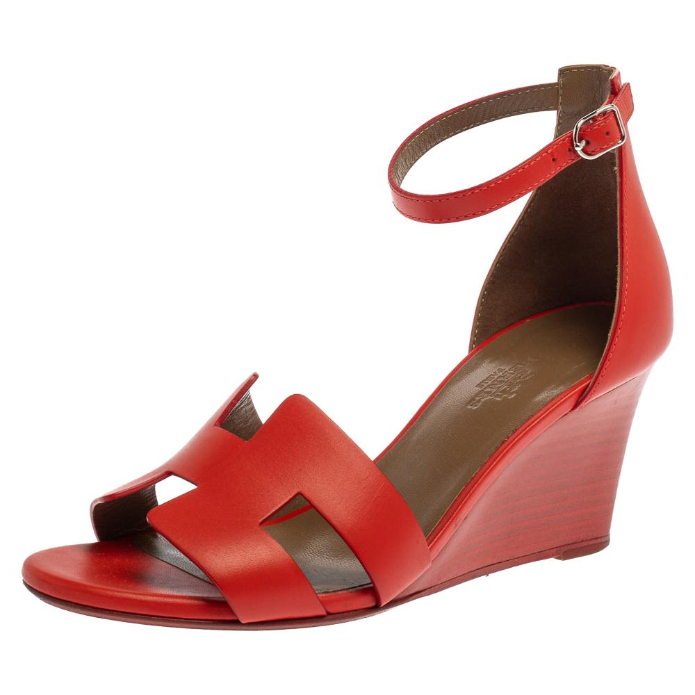 Hermes Red Leather Legend Ankle Strap Wedge Sandals Size 37