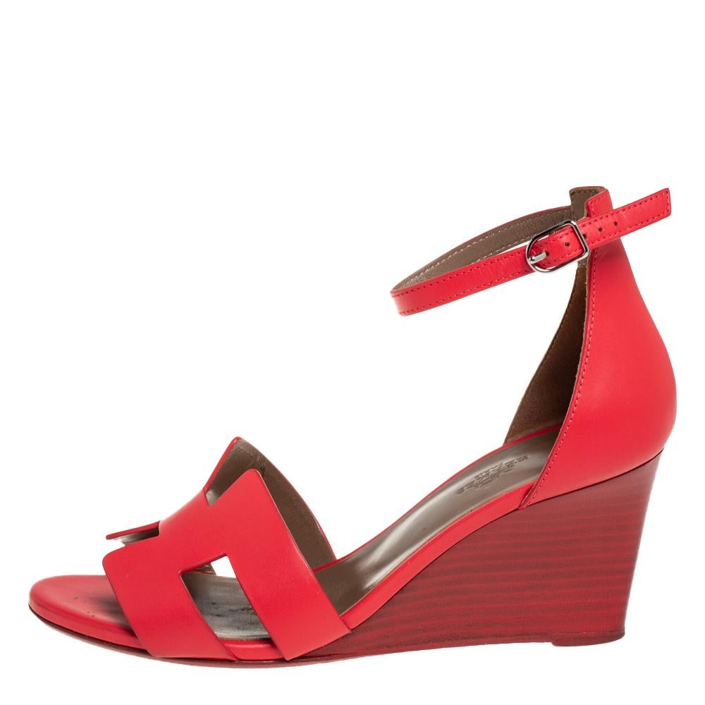Hermes Rotes Leder Legende Keilsandalen Größe 37 2