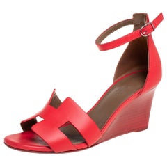 Hermes Red Leather Legend Wedge Sandals Size 37