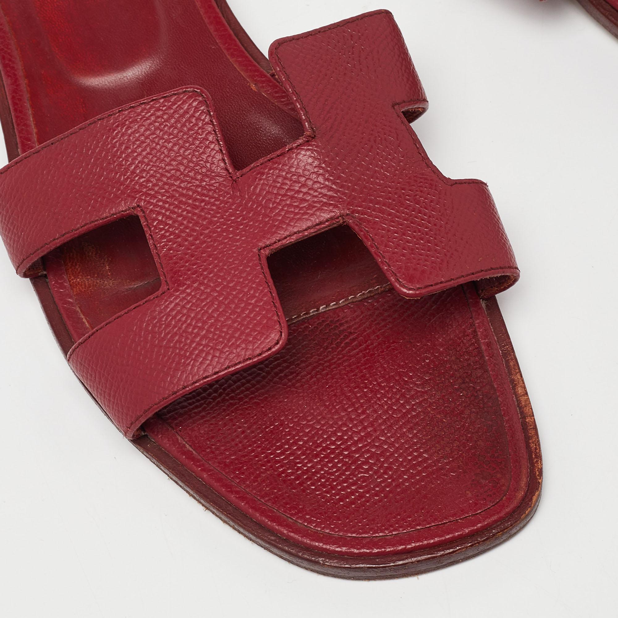 Hermes Red Leather Oran Flat Sandals Size 39 3
