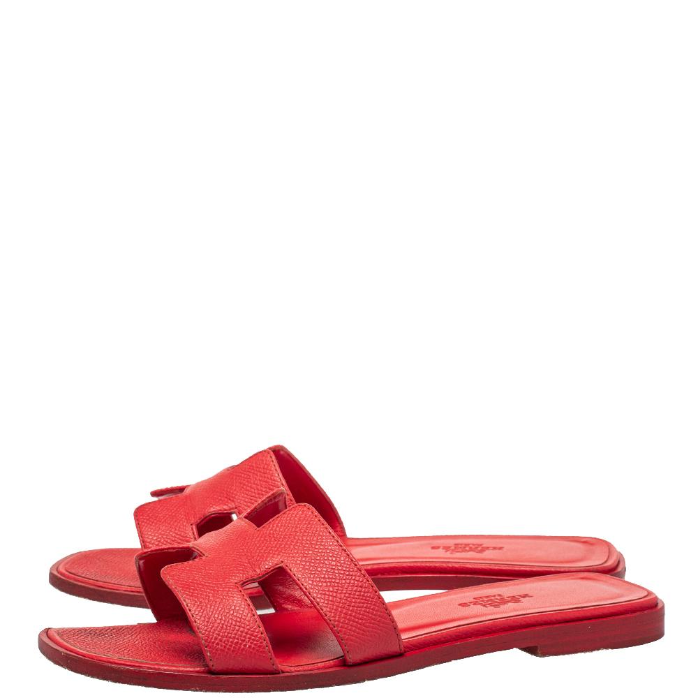 Women's Hermes Red Leather Oran Flat Slides Size 35.5