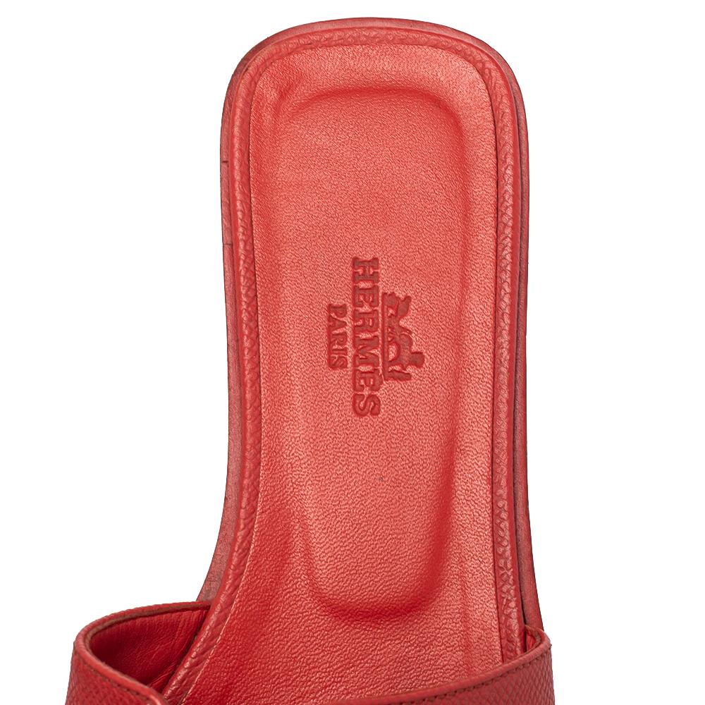 Hermes Red Leather Oran Flat Slides Size 35.5 1