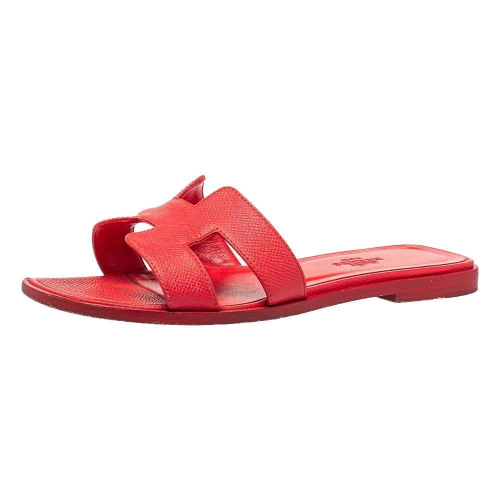 Hermes Red Leather Oran Flat Slides Size 35.5