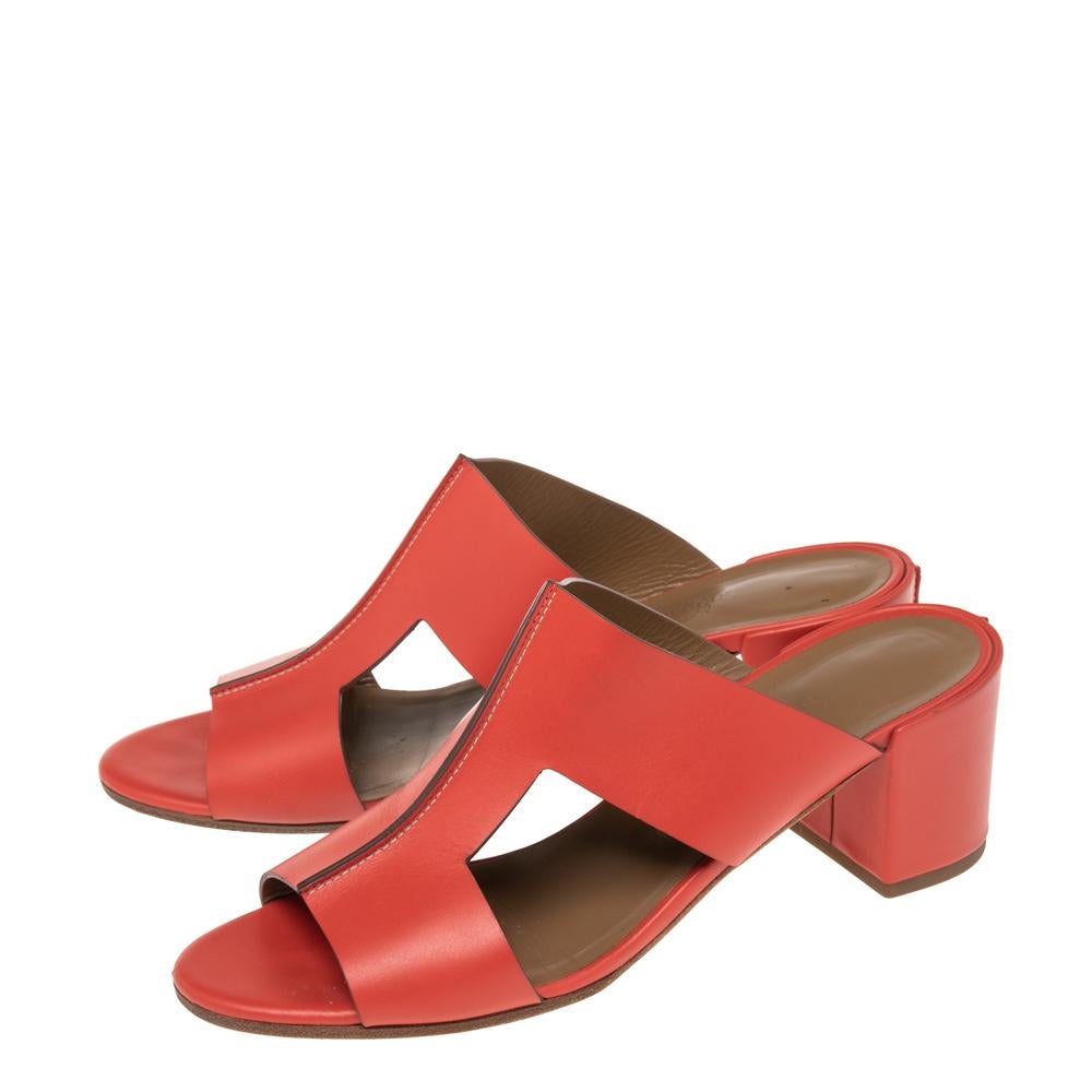 Women's Hermes Red Leather Ostia Slide Sandals Size 40