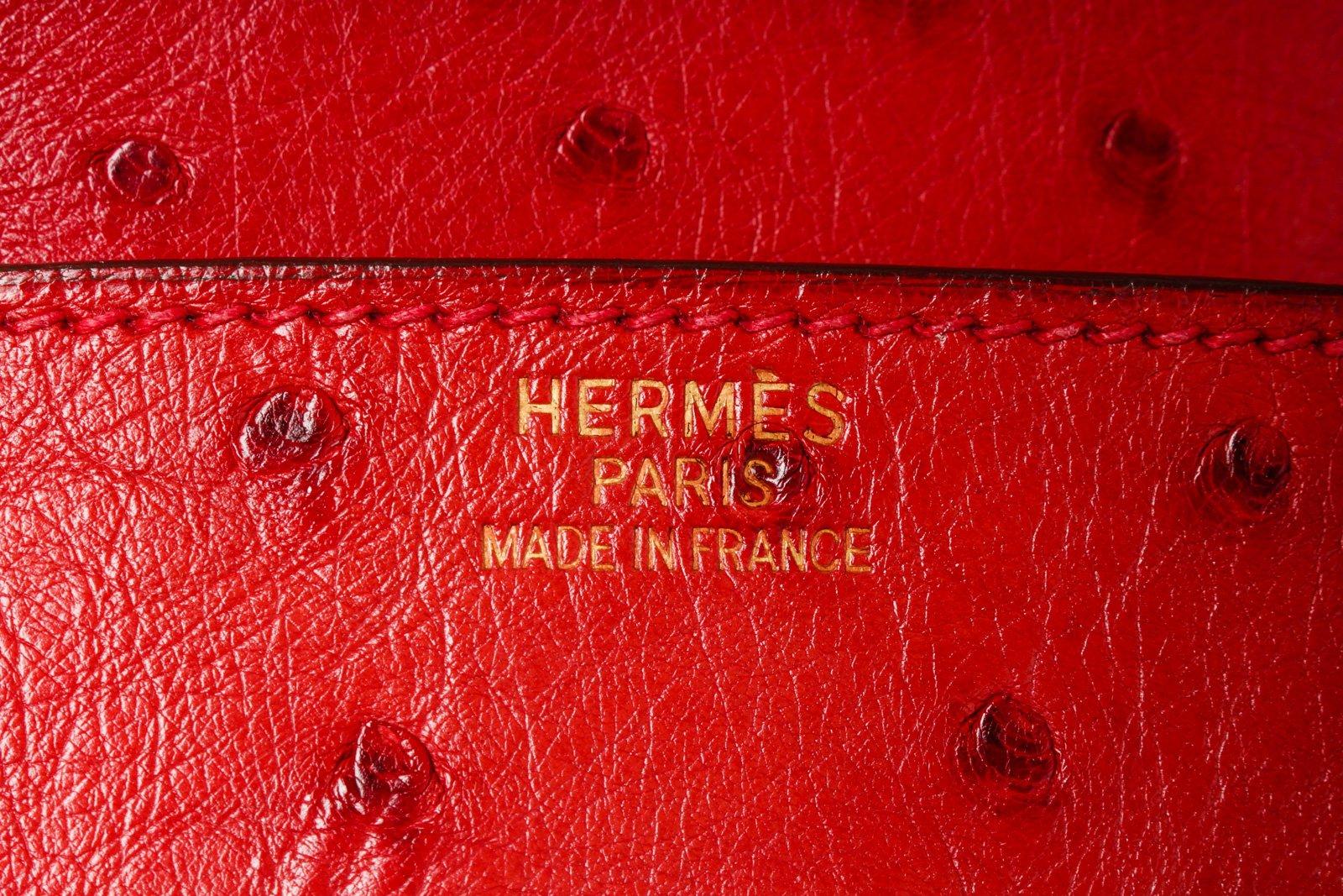 Women's or Men's Hermes Red Leather Ostrich GHW Birkin 35cm Satchel Bag