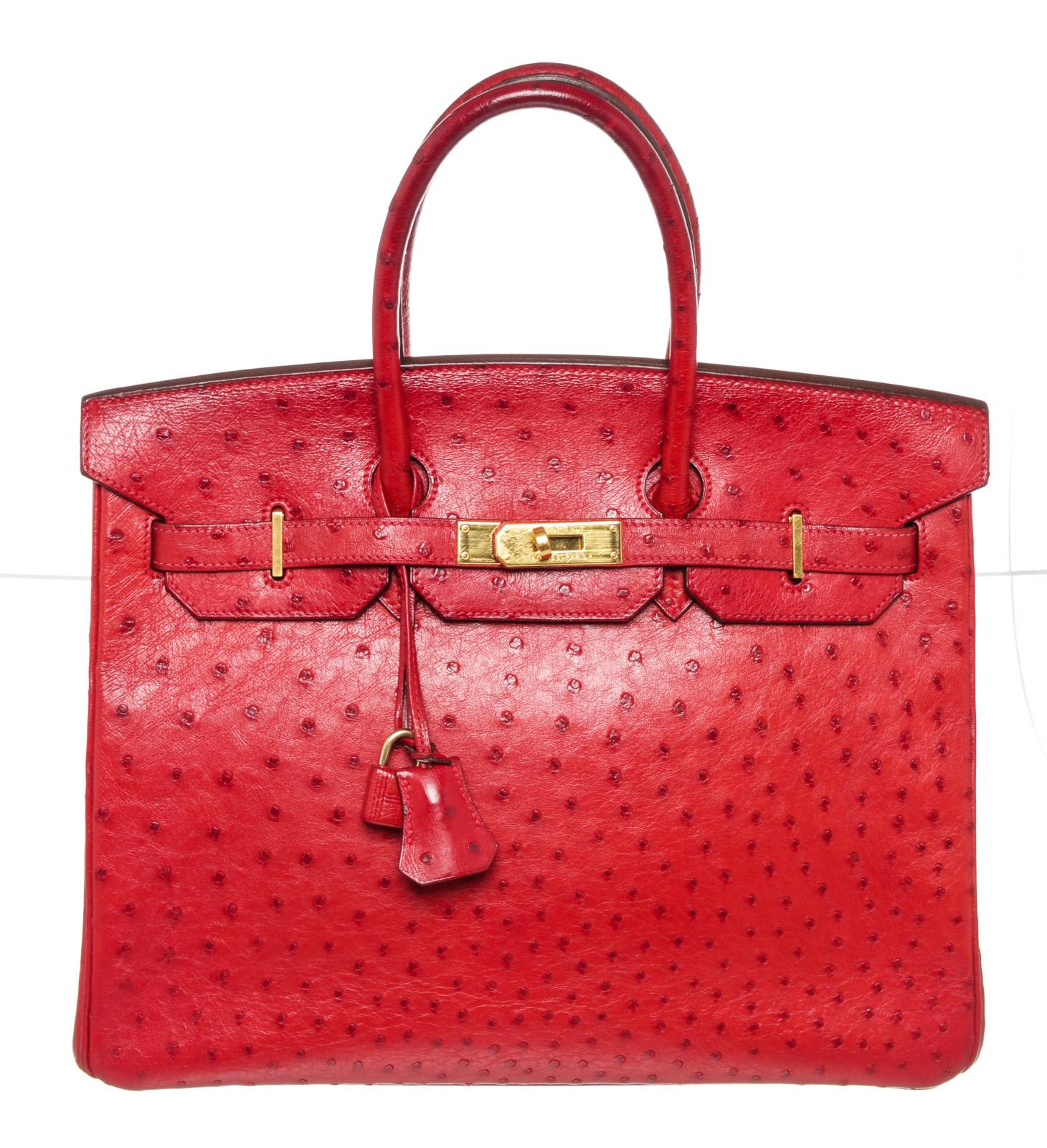 Women's Hermes Red Leather Ostrich GHW Birkin 35cm Satchel Bag