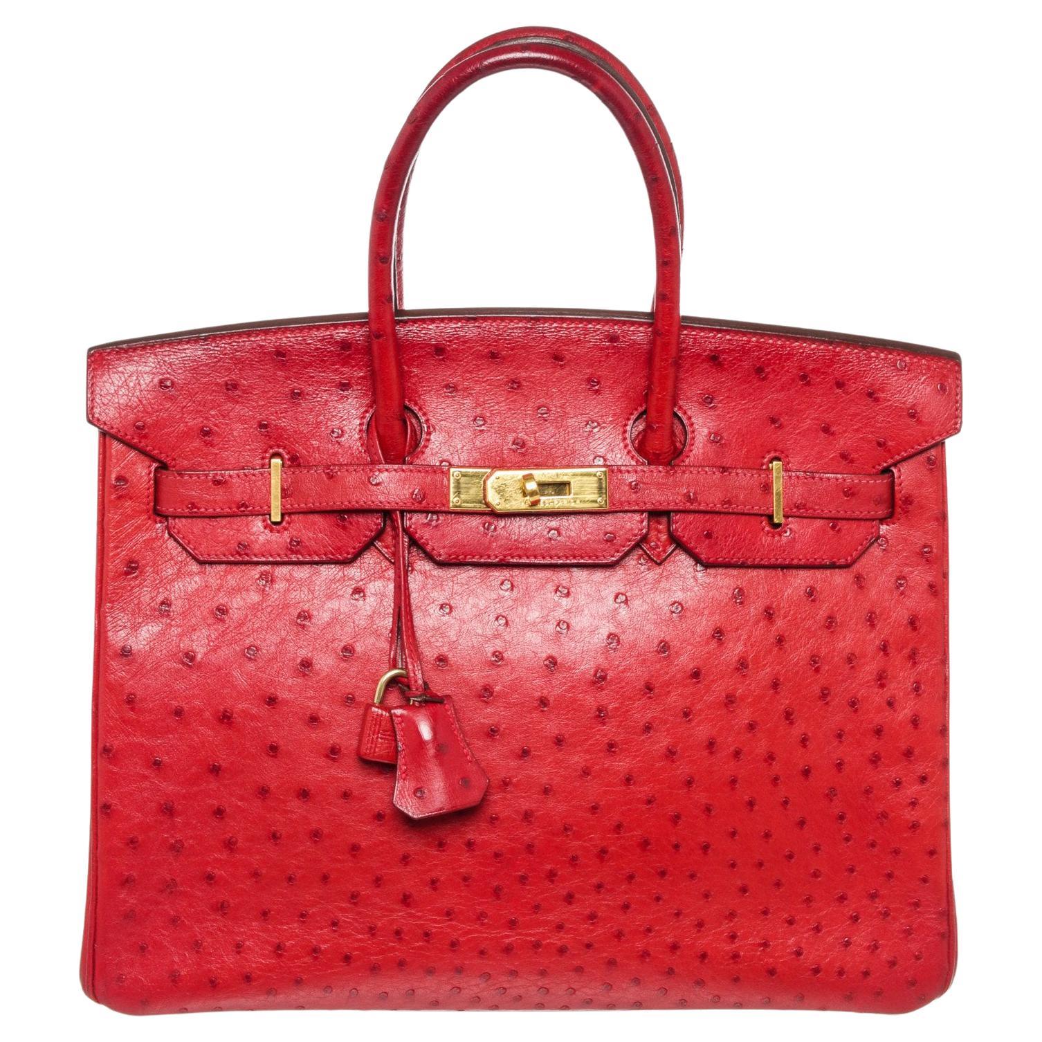 Hermes Red Leather Ostrich GHW Birkin 35cm Satchel Bag