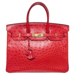 Sac à main Birkin 35 cm en cuir d'autruche rouge GHW Hermès