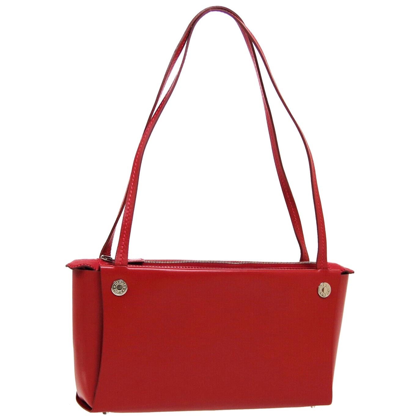 Hermes Red Leather Silver Carrryall Shoulder Top Handle Satchel Small Bag