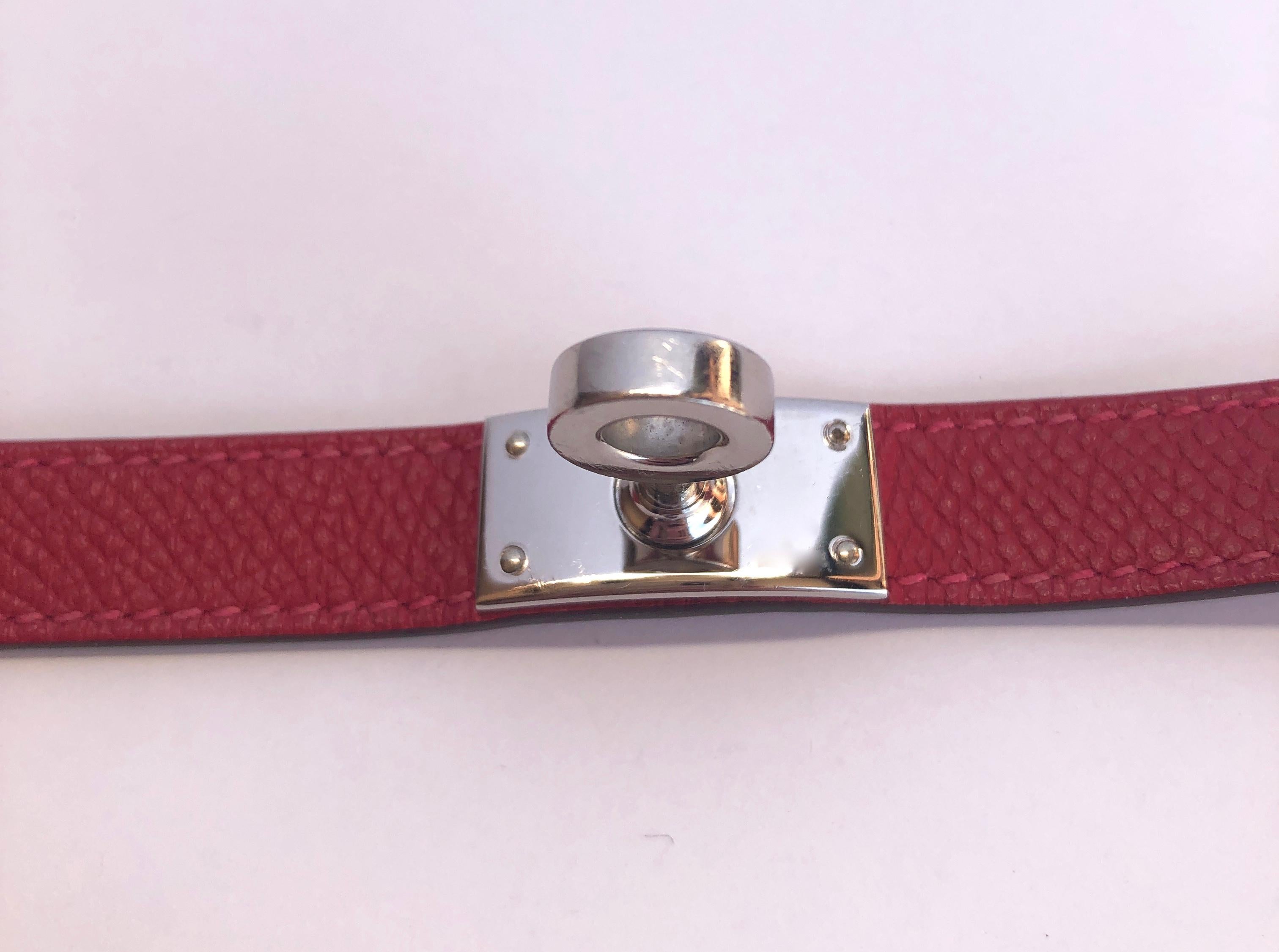 Hermes Red Leather & Silver Palladium Craie Epsom Kelly Double Tour Bracelet  For Sale 6