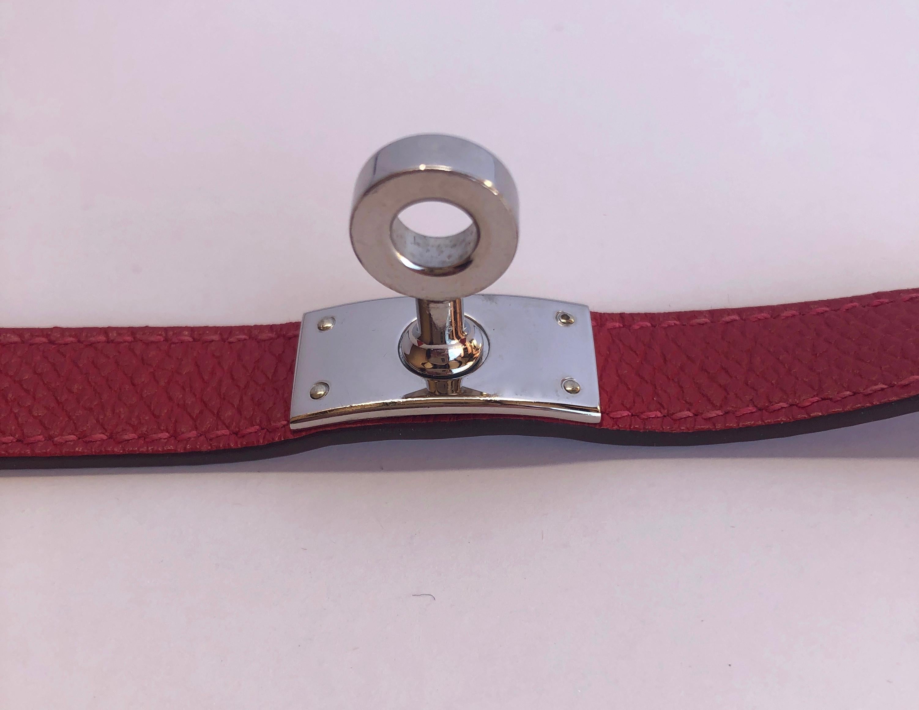 Hermes Red Leather & Silver Palladium Craie Epsom Kelly Double Tour Bracelet  For Sale 7