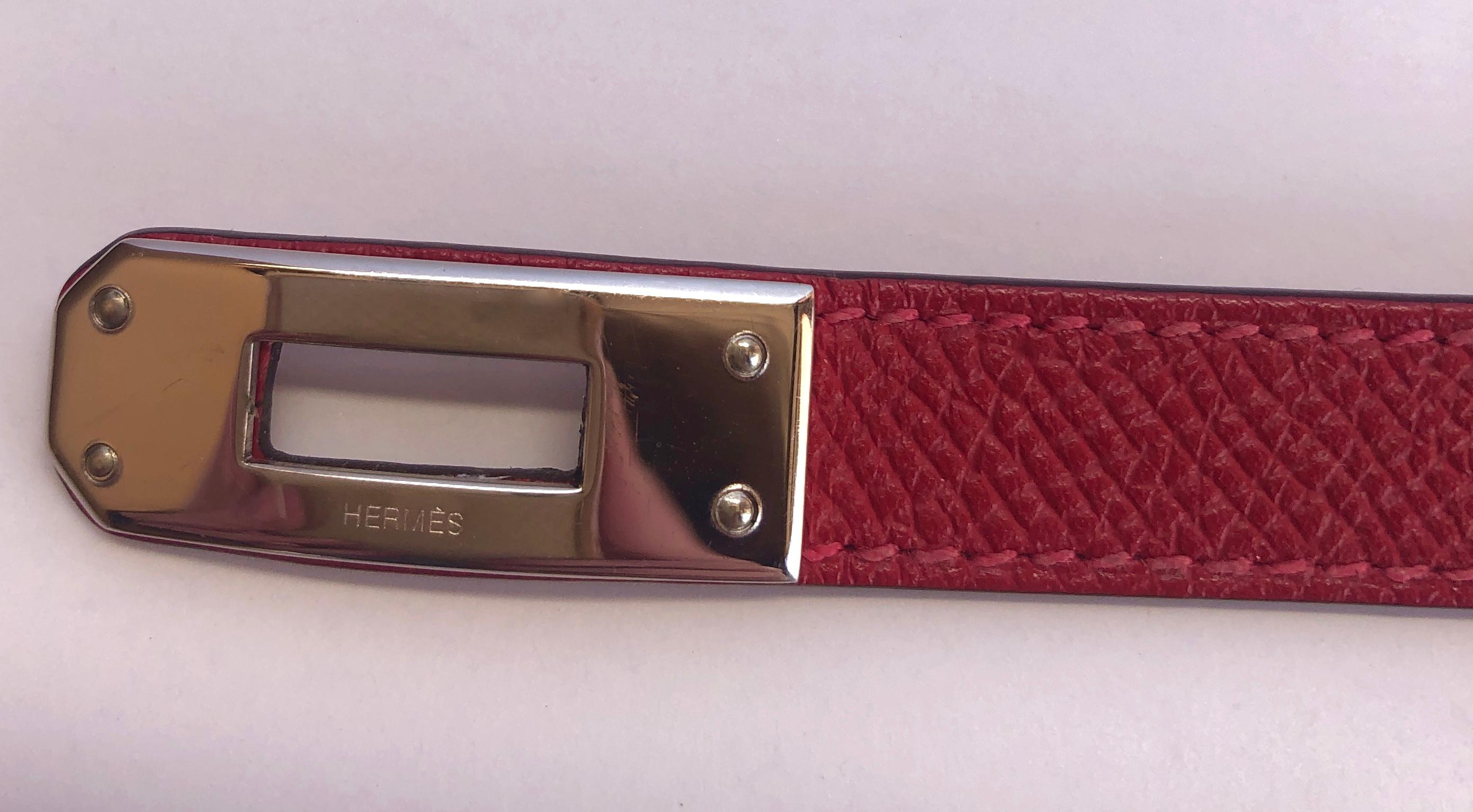 Hermes Red Leather & Silver Palladium Craie Epsom Kelly Double Tour Bracelet  For Sale 8