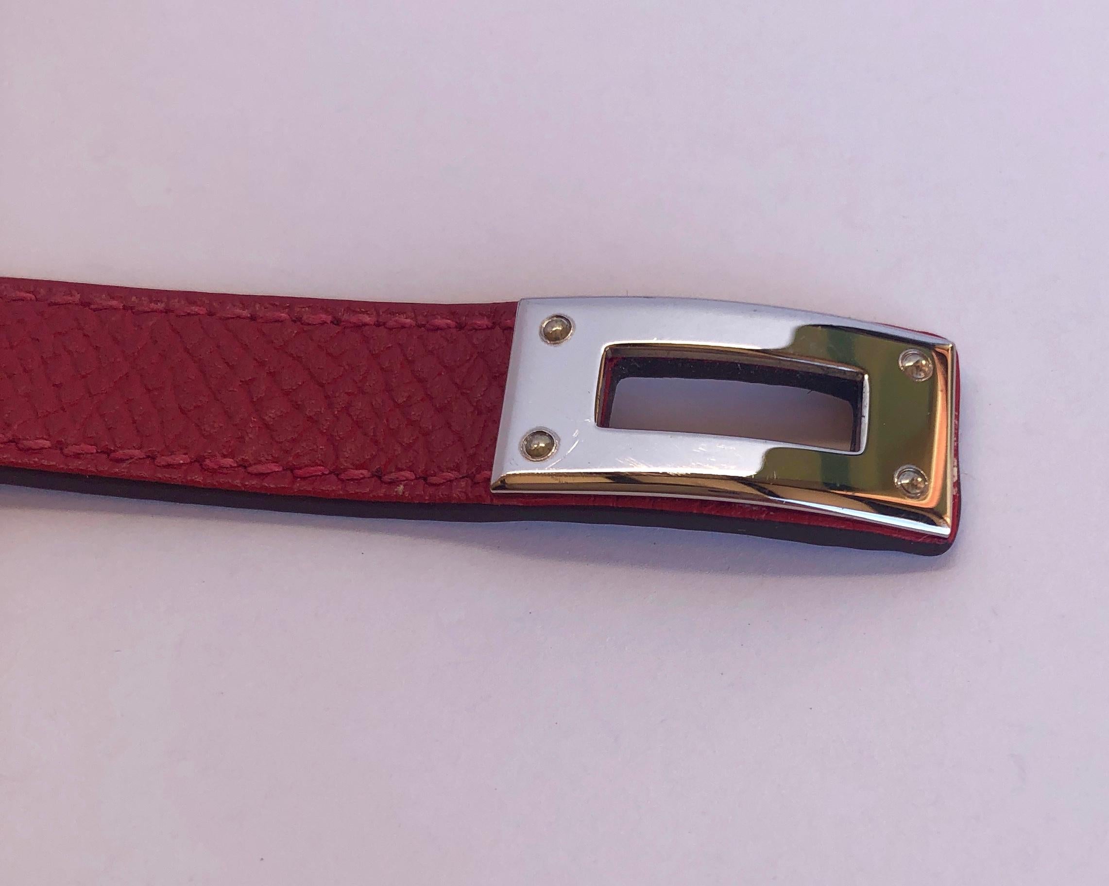 Hermes Red Leather & Silver Palladium Craie Epsom Kelly Double Tour Bracelet  For Sale 9