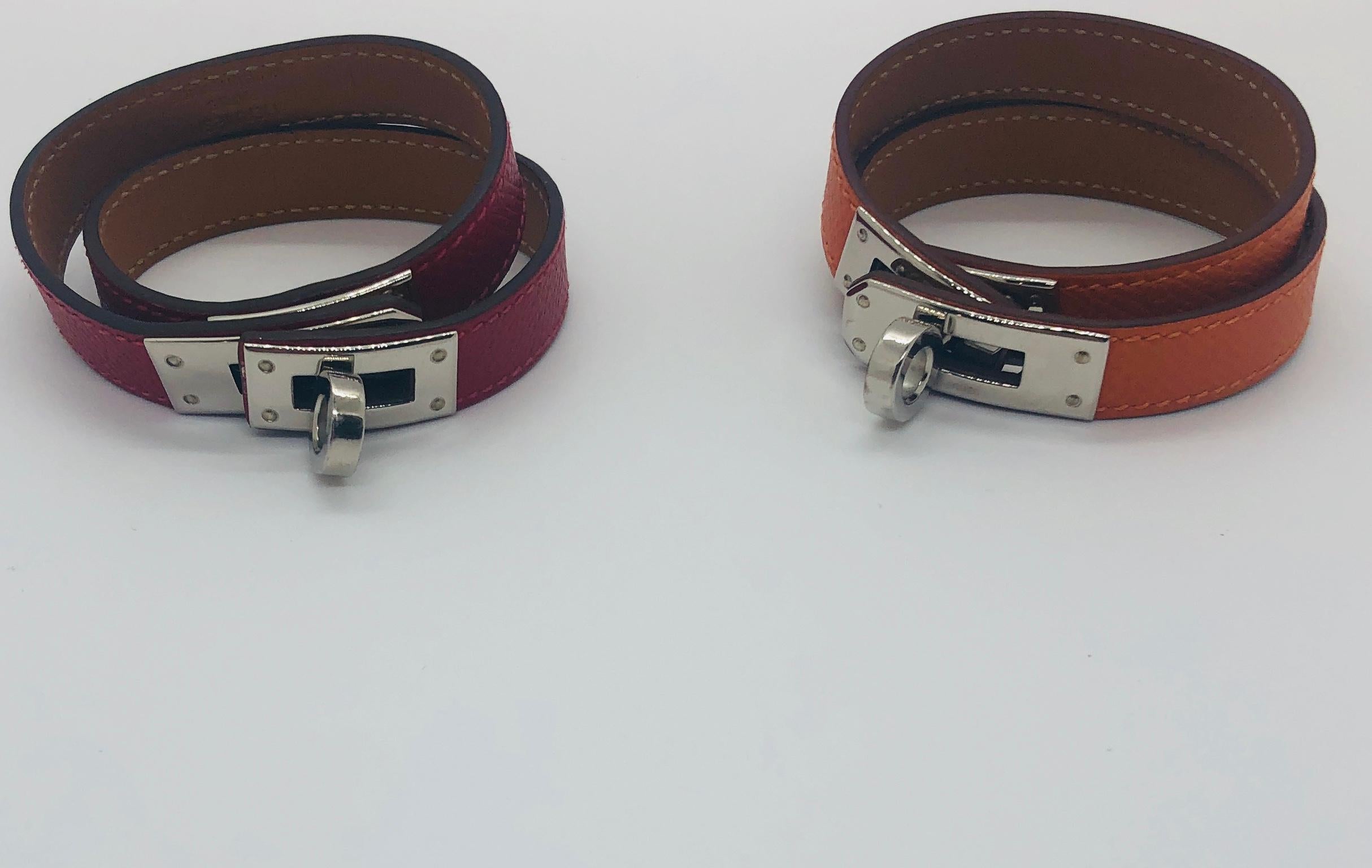 Hermes Red Leather & Silver Palladium Craie Epsom Kelly Double Tour Bracelet  For Sale 15