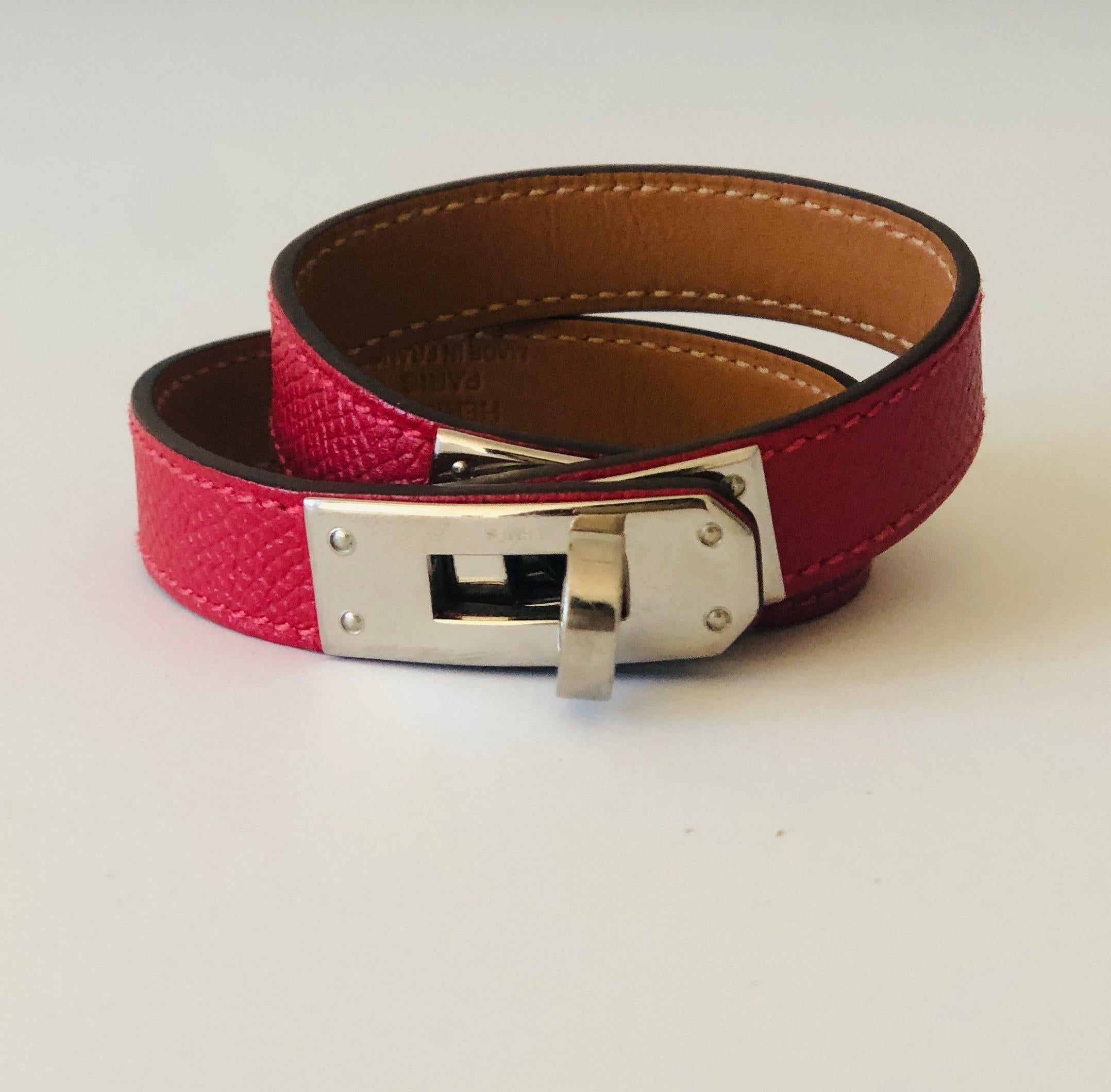 Offered is an Hermes red leather and sliver palladium Craie Epsom Kelly 