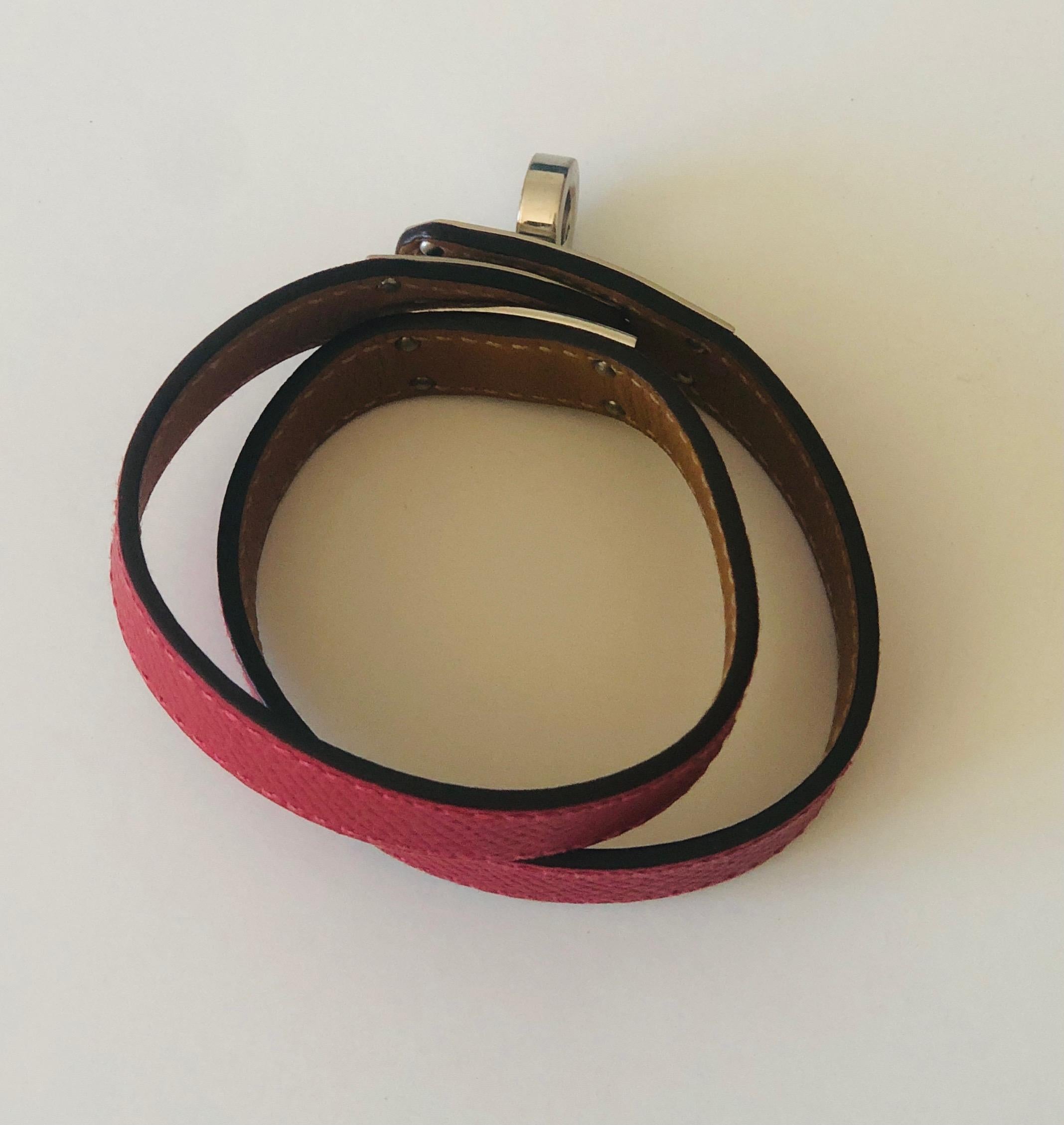 Women's or Men's Hermes Red Leather & Silver Palladium Craie Epsom Kelly Double Tour Bracelet  For Sale