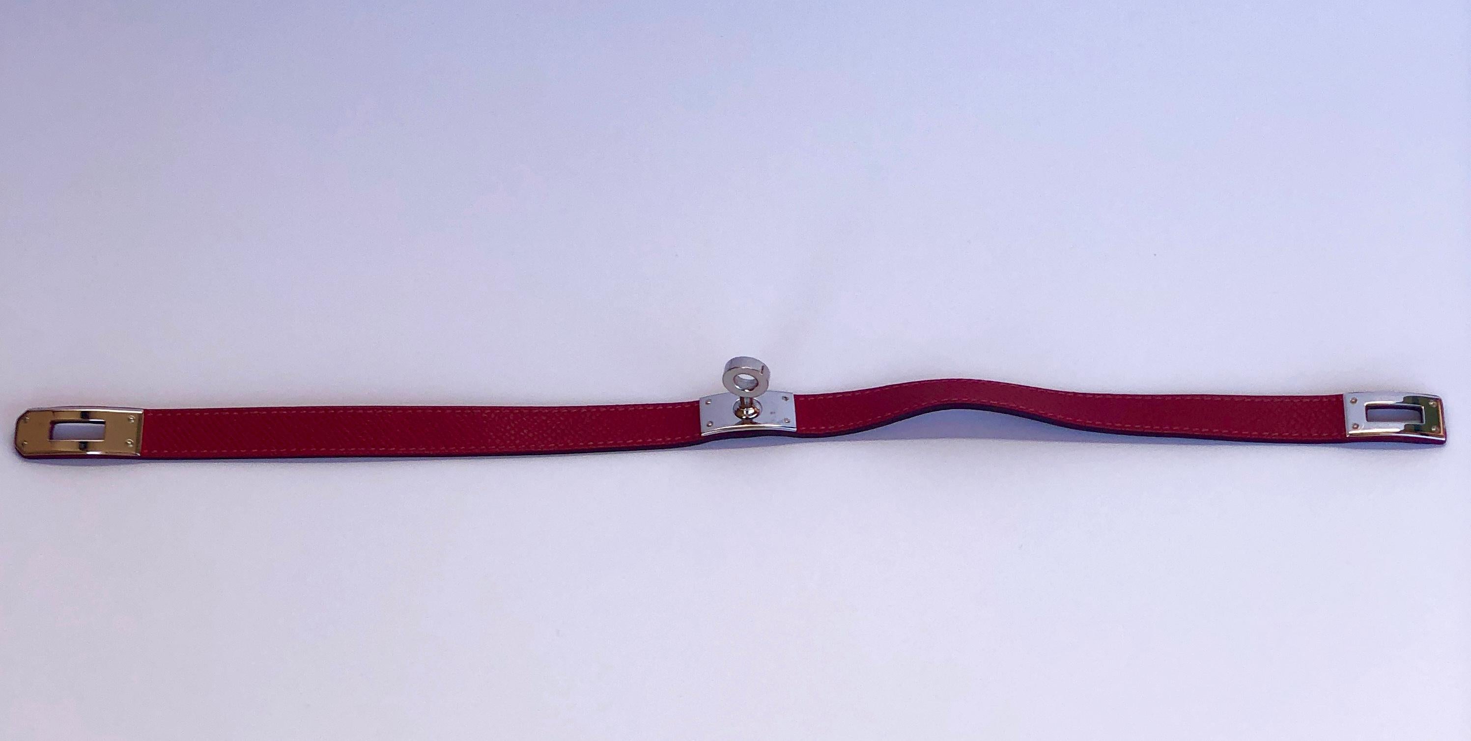 Hermes Red Leather & Silver Palladium Craie Epsom Kelly Double Tour Bracelet  For Sale 1