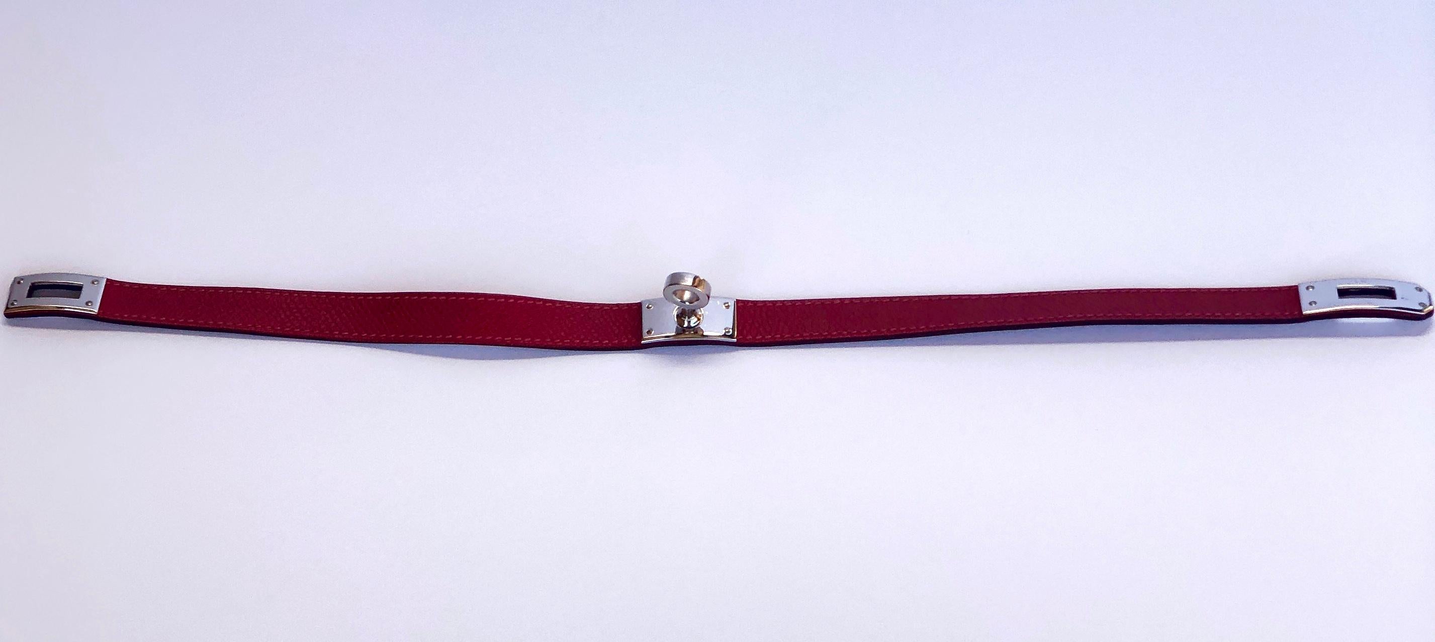 Hermes Red Leather & Silver Palladium Craie Epsom Kelly Double Tour Bracelet  For Sale 3