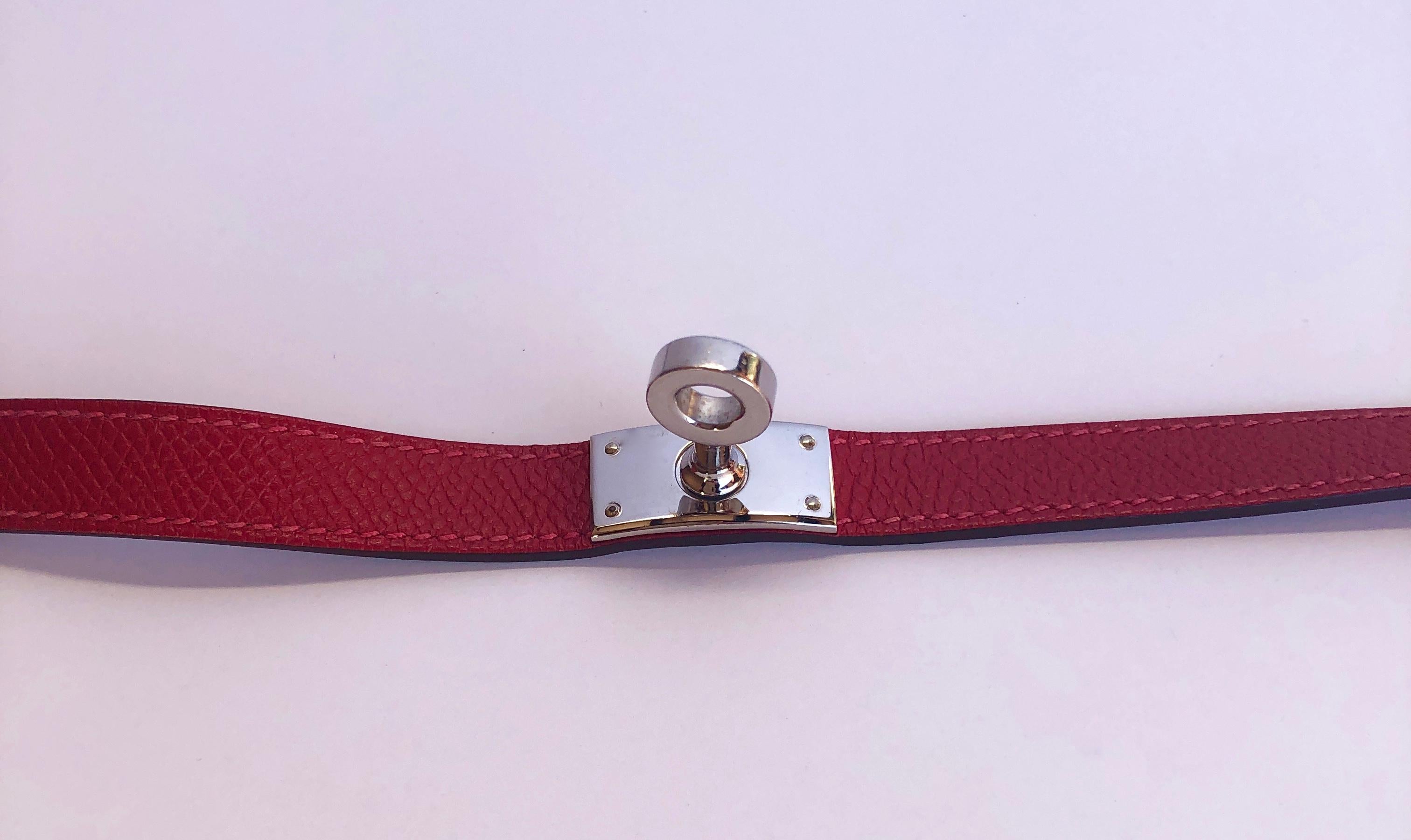 Hermes Red Leather & Silver Palladium Craie Epsom Kelly Double Tour Bracelet  For Sale 4