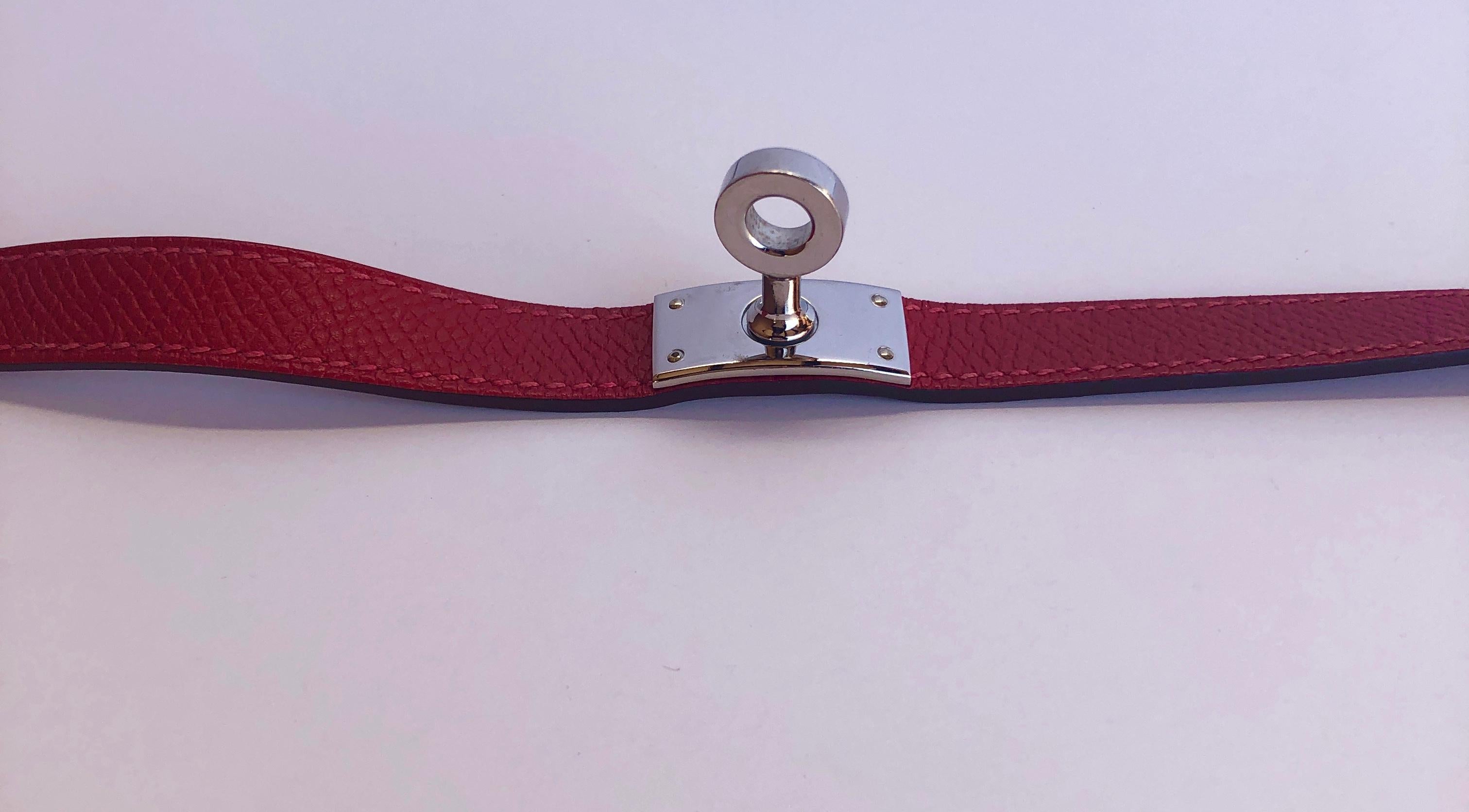 Hermes Red Leather & Silver Palladium Craie Epsom Kelly Double Tour Bracelet  For Sale 5