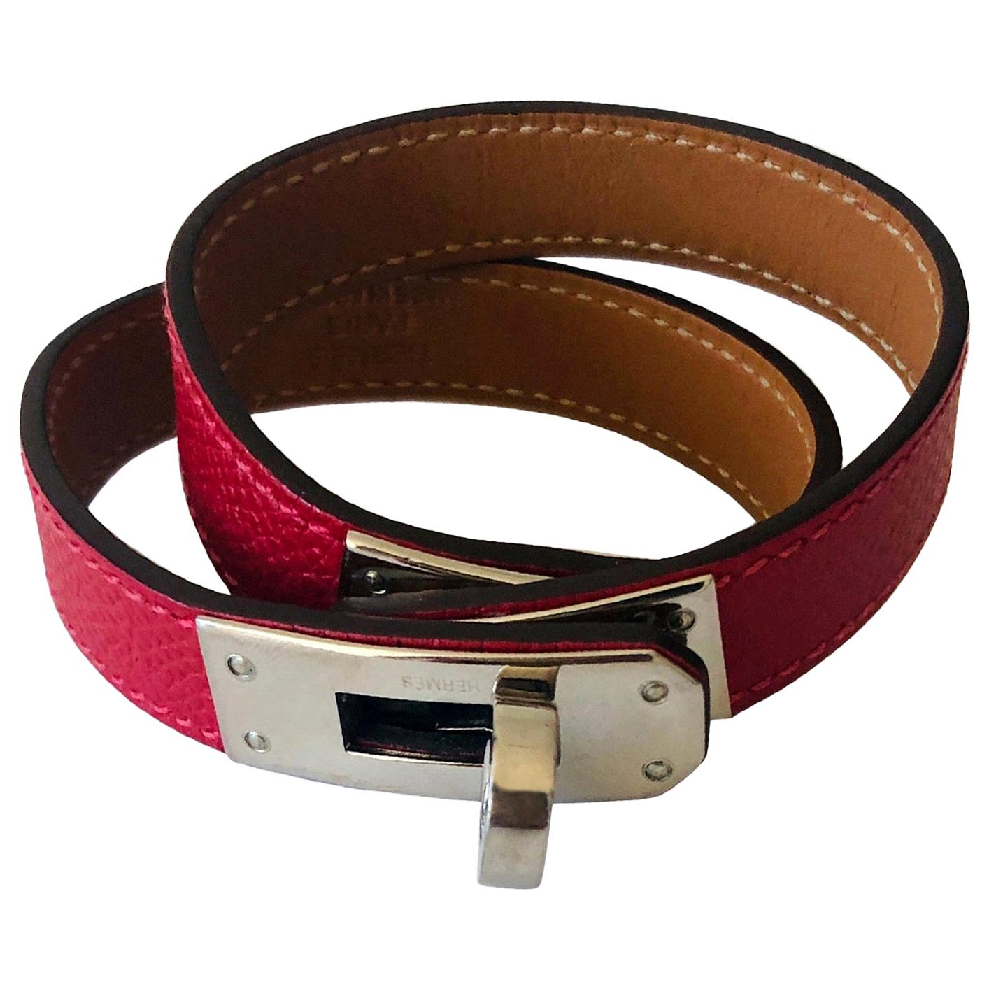 Hermes Red Leather & Silver Palladium Craie Epsom Kelly Double Tour Bracelet  For Sale