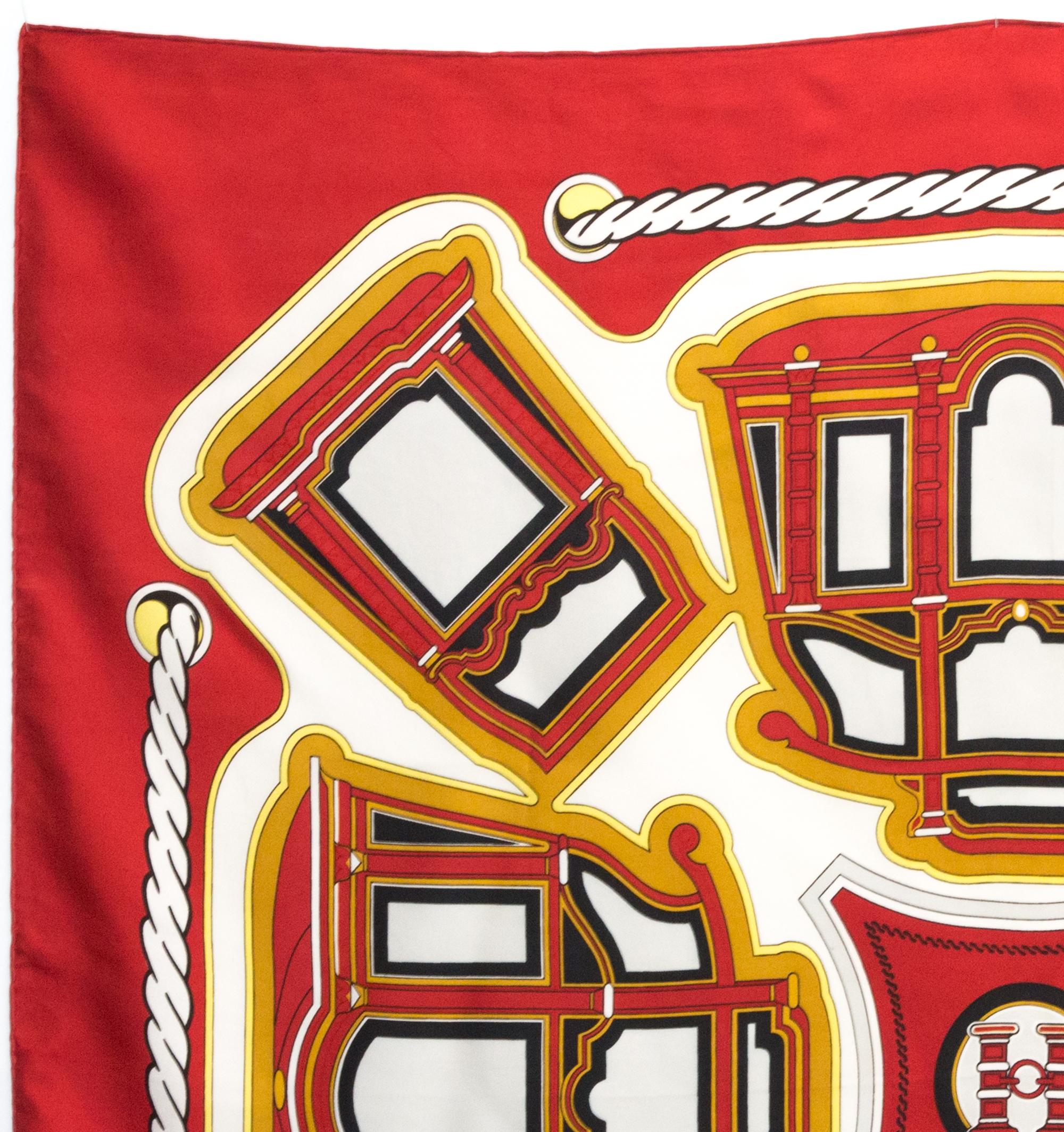 Hermes Red Les Berlines by F. de la Perriere  Silk Scarf In Good Condition For Sale In Paris, FR
