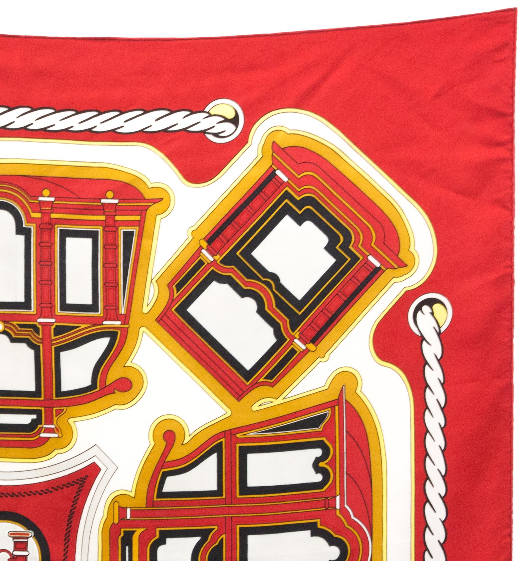 Women's or Men's Hermes Red Les Berlines by F. de la Perriere  Silk Scarf For Sale