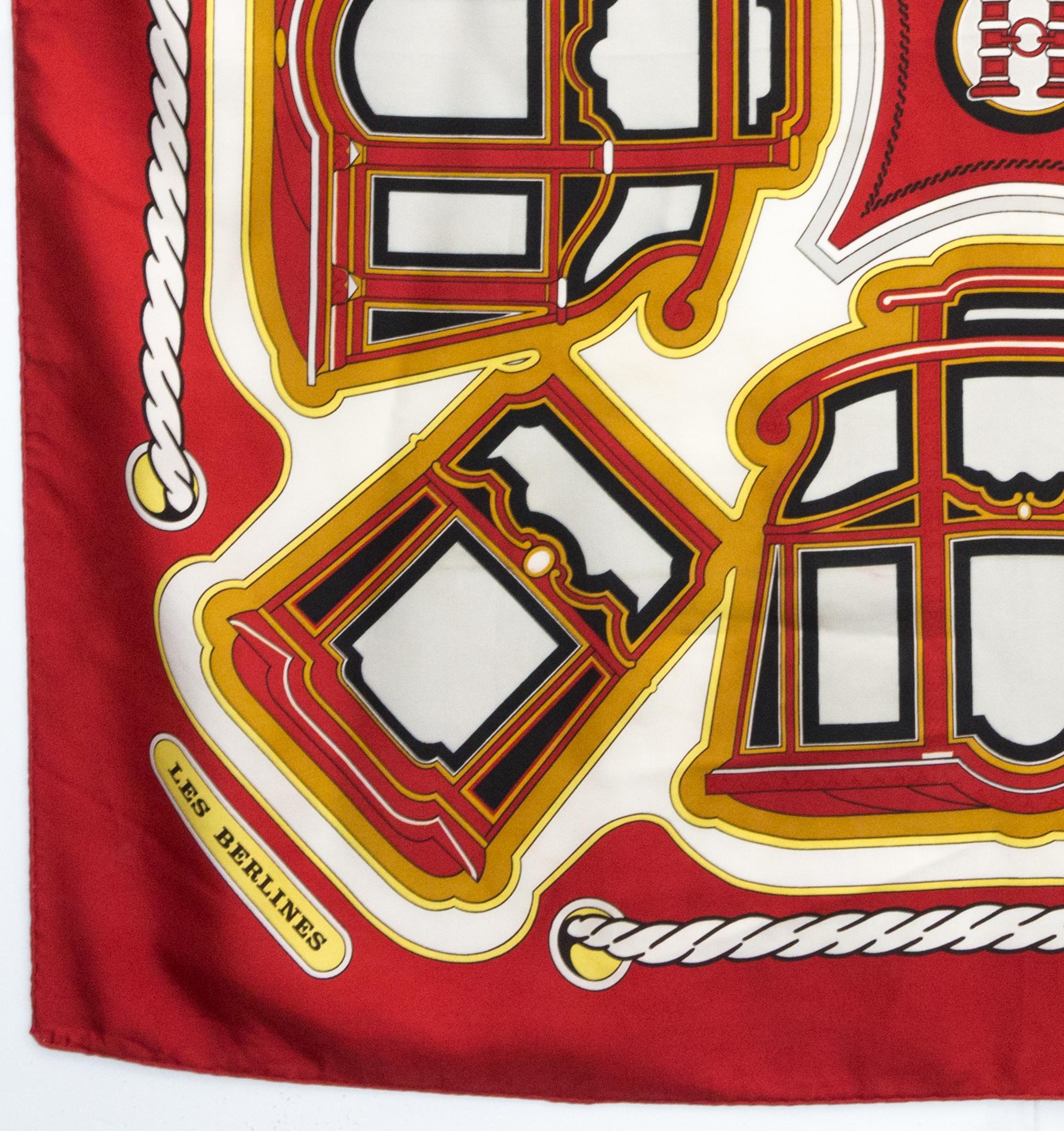 Hermes Red Les Berlines by F. de la Perriere  Silk Scarf For Sale 1