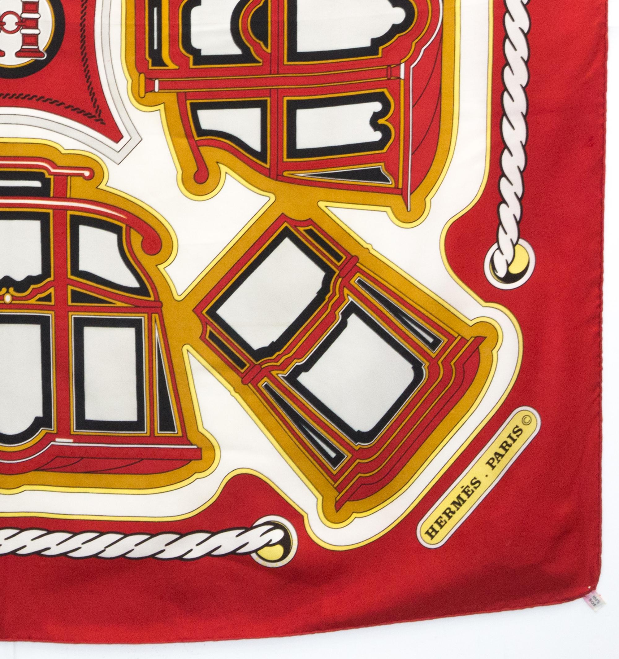 Hermes Red Les Berlines by F. de la Perriere  Silk Scarf For Sale 2