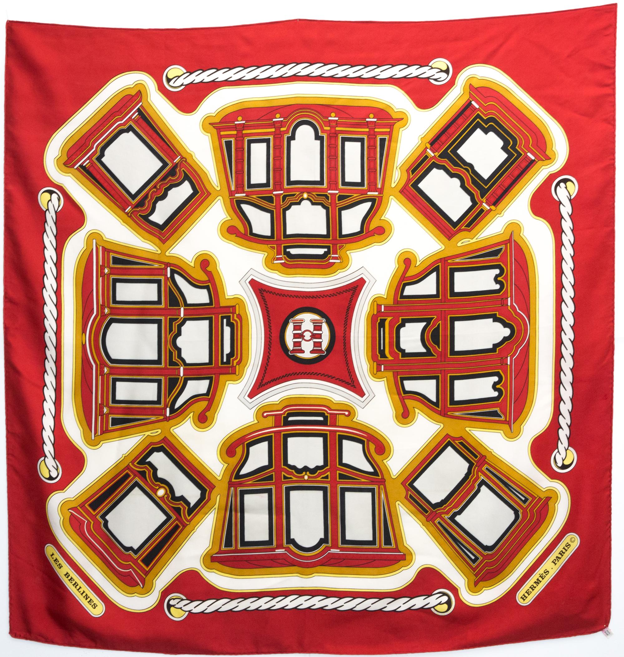 Hermes Red Les Berlines by F. de la Perriere  Silk Scarf For Sale 3