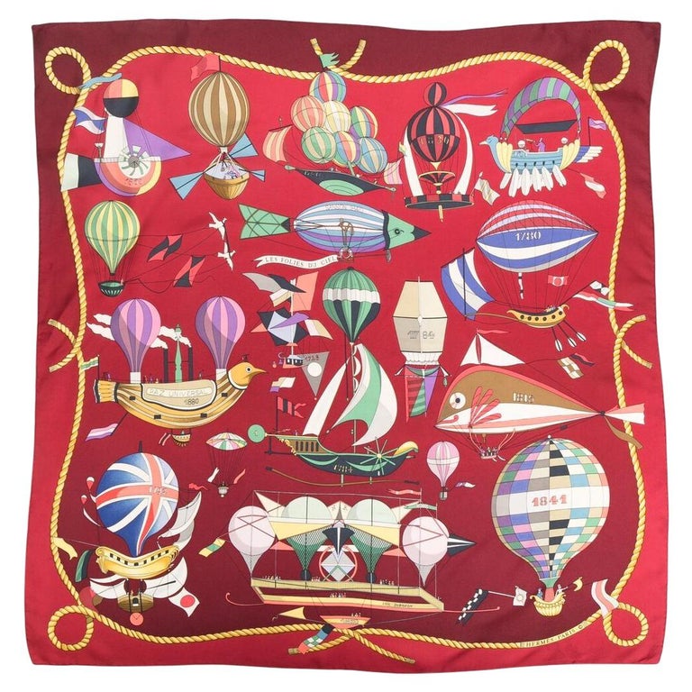 Hermes Red Les Folies du Ciel by L.Dibigeon Silk Scarf For Sale at 1stDibs