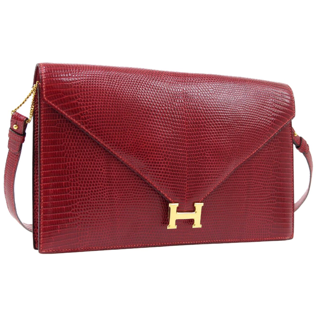 Hermes Red Lizard Exotic Gold 'H" Logo Evening 2 in 1 Shoulder Flap Clutch Bag 