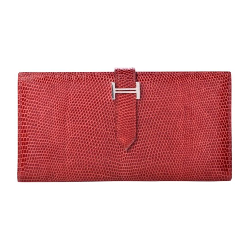 Hermes Red Lizard Exotic Skin Palladium 'H' Clutch Wallet in Box